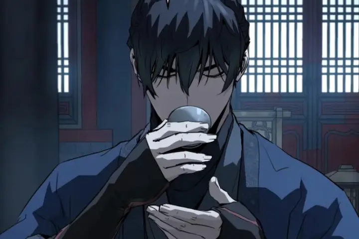 Anime-style character with dark hair drinking from a cup in a traditional room, mysterious atmosphere from Absolute Regression Chapter 78