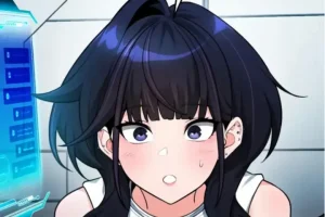 Animated girl with black hair and surprised expression in Echoes of the Reverse Planet manhwa scene