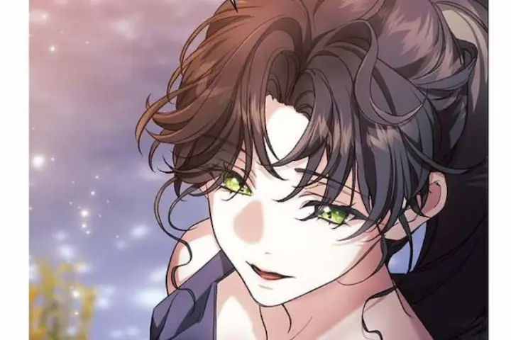 Beautiful anime-style girl with sparkling green eyes and wavy brown hair, emotional scene from Manhwa For the Goddesses: For Daphne Chapter 22.