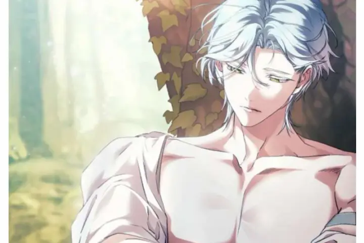 Beautiful male character with white hair from Manhwa For the Goddesses: For Daphne resting under sunlight