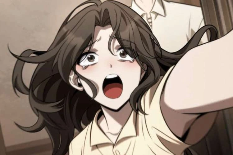 A shocked anime girl with tears in her eyes reaching forward in an emotional scene