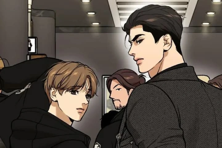 Jinx Manhwa Chapter 84 scene showing Kim Dan and Jaekyung spending time together in a public place, stylish art and detailed expressions.