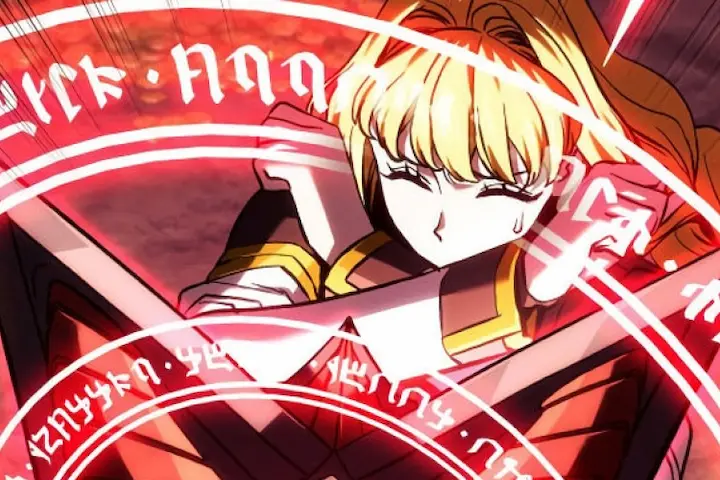 Female knight casting powerful red magic barrier in intense battle scene from Revenge Of The Iron-Blooded Sword Hound Chapter 141