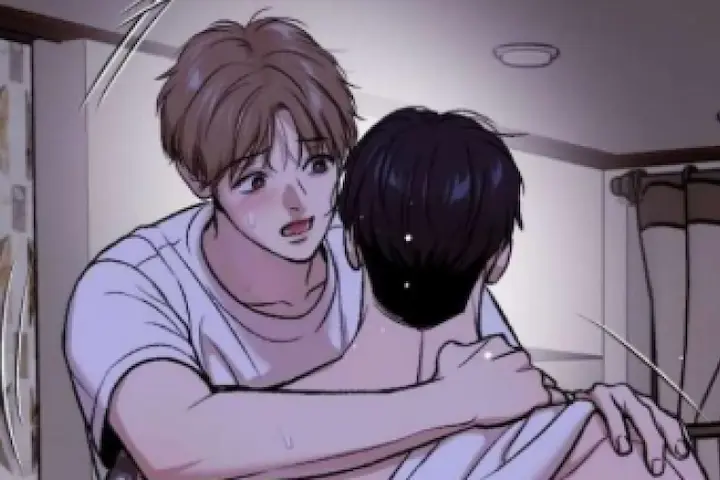 Emotional scene from manhwa Jinx chapter 87 English sub RAW showing two male characters in close confrontation